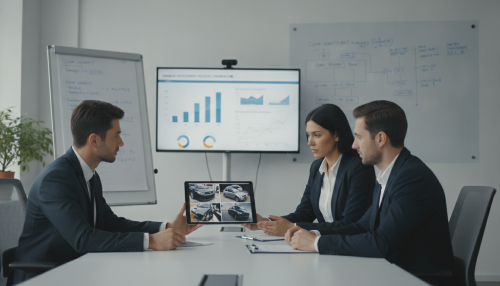 A professional office setting showing a damage assessment meeting for full coverage car insurance. In the foreground, a diverse group of three professionals—two men and one woman, dressed in business attire—are analyzing a digital tablet displaying photos of car damage. The middle ground features a large monitor showcasing graphs and comparisons of damage assessment processes from IT, AT, CH, and PL. The background includes a large whiteboard filled with charts and diagrams, emphasizing technical details. Soft, diffused lighting creates a serious yet collaborative atmosphere, with a slight focus on the professionals engaged in discussion. The image should capture a modern, well-lit office environment, conveying a mood of professionalism and meticulous assessment.