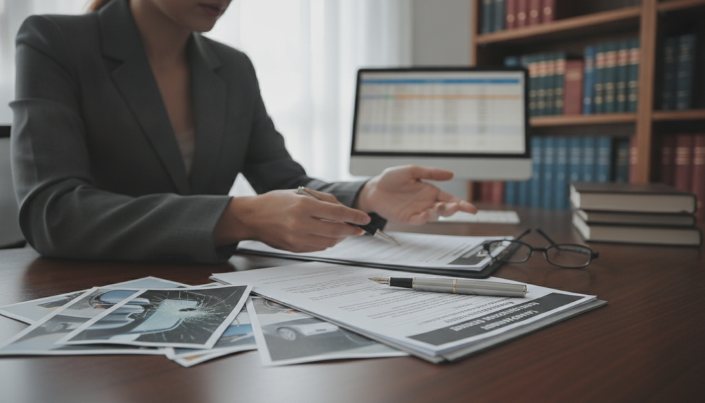 A professional office setting with a close-up view of a detailed documentation report of comprehensive insurance damages. The foreground features a well-organized stack of papers, detailed damage assessment forms, and photographs of vehicle damage laid out on a polished wooden desk. In the middle ground, a professional individual in business attire is reviewing the documents, holding a pen, with a focused expression. The background includes a bright window allowing natural light to illuminate the workspace, with shelves filled with legal books and a computer displaying a spreadsheet. The mood feels organized and efficient, conveying a sense of thoroughness and professionalism in documentation standards for full comprehensive insurance damages. Soft, natural lighting enhances the clarity of the report details.