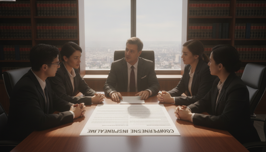 A professional office setting, with a large conference table in the foreground, occupied by diverse individuals in business attire discussing insurance law. In the middle, a detailed document labeled "Comprehensive Insurance Law" is spread open, showcasing articles and paragraphs about "Full Coverage Damage Claims." The background features shelves filled with law books and a large window revealing a cityscape bathed in natural light, creating an intellectual atmosphere. Use soft lighting to emphasize the focus on the discussion, capturing expressions of concentration and collaboration. The image should evoke a sense of professionalism, authority, and clarity in understanding legal frameworks.