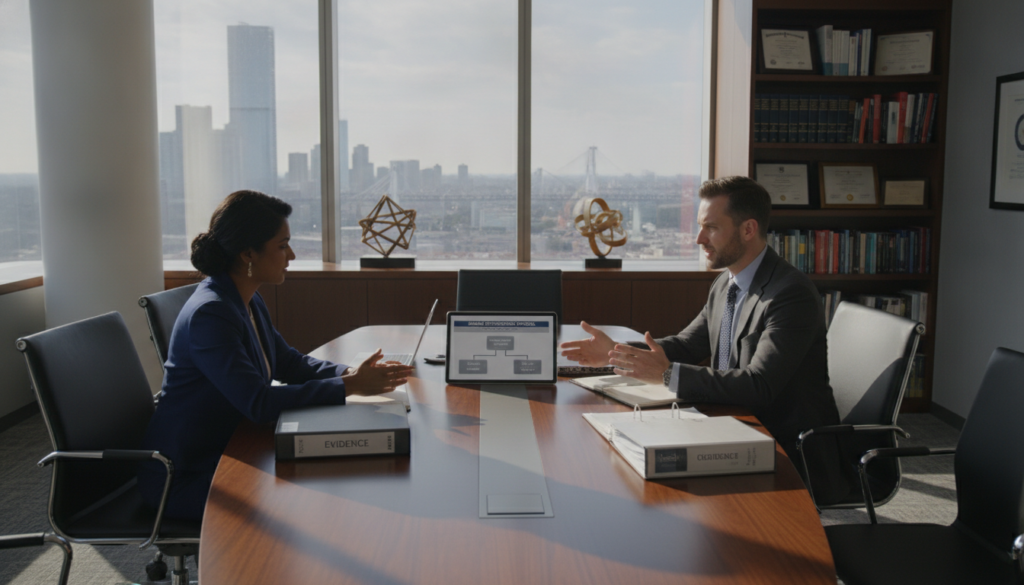 A professional scene depicting a modern law office focused on cross-border legal support. In the foreground, a diverse group of three professionals—one woman and two men—are engaged in a discussion around a sleek conference table, surrounded by organized files and digital devices illustrating structured damage documentation. They are dressed in smart business attire, demonstrating professionalism and collaboration. In the middle ground, large windows allow natural light to filter in, highlighting a cityscape that symbolizes international connectivity. The background features shelves filled with legal books and framed certificates, enhancing the authoritative atmosphere. The overall mood is one of focus, determination, and expertise, suggesting an environment of support and assistance for clients navigating complex legal matters. A professional scene depicting a modern law office focused on cross-border legal support. In the foreground, a diverse group of three professionals—one woman and two men—are engaged in a discussion around a sleek conference table, surrounded by organized files and digital devices illustrating structured damage documentation. They are dressed in smart business attire, demonstrating professionalism and collaboration. In the middle ground, large windows allow natural light to filter in, highlighting a cityscape that symbolizes international connectivity. The background features shelves filled with legal books and framed certificates, enhancing the authoritative atmosphere. The overall mood is one of focus, determination, and expertise, suggesting an environment of support and assistance for clients navigating complex legal matters.