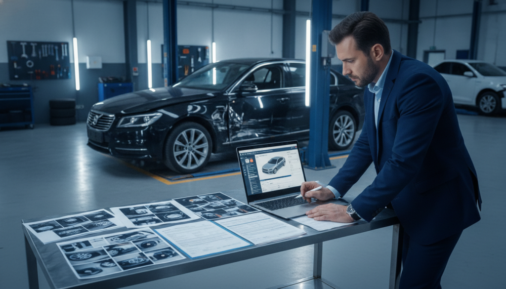 A professional scene depicting vehicle damage documentation at a modern automotive repair facility. In the foreground, a neatly organized table displays various documents, photographs of vehicle damage, and a laptop running software for assessing damages. A professional in business attire is examining the documents with a focused expression. The middle ground showcases a car with visible damage, under bright white LED lighting, emphasizing the details of the dents and scratches. The background features tools, equipment, and a clear view of the workshop, showcasing an organized environment. The atmosphere is serious and methodical, with a cool color palette to reflect professionalism and precision in damage assessment. The scene is captured from a slightly elevated angle to provide a comprehensive view of the documentation process.