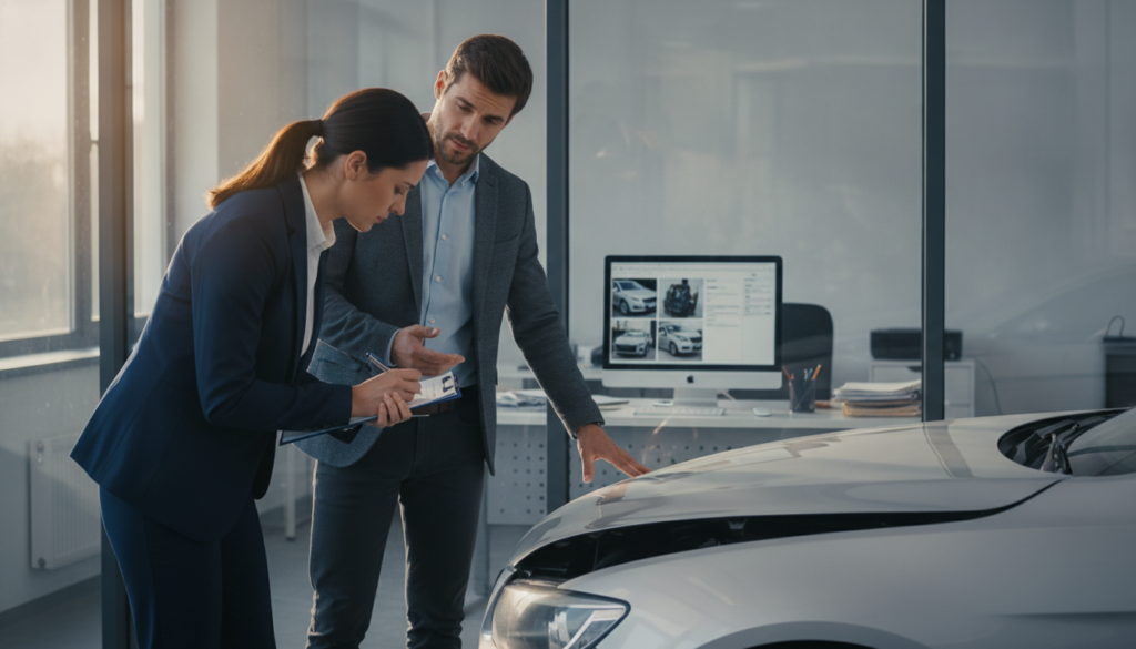A professional setting depicting a car insurance claims verification process. In the foreground, a well-dressed insurance adjuster is examining a damaged vehicle, taking notes on a clipboard. The adjuster has a focused expression, showcasing diligence and expertise. In the middle ground, a concerned yet calm customer, dressed in smart casual attire, stands near the car, engaging in conversation with the adjuster. The background features an office environment with a computer displaying images of the vehicle's damage and documents scattered on a desk. Soft, natural lighting streams in from a window, creating an atmosphere of trust and professionalism. The angle is slightly elevated, providing a comprehensive view of the interaction while maintaining a sense of clarity and purpose.