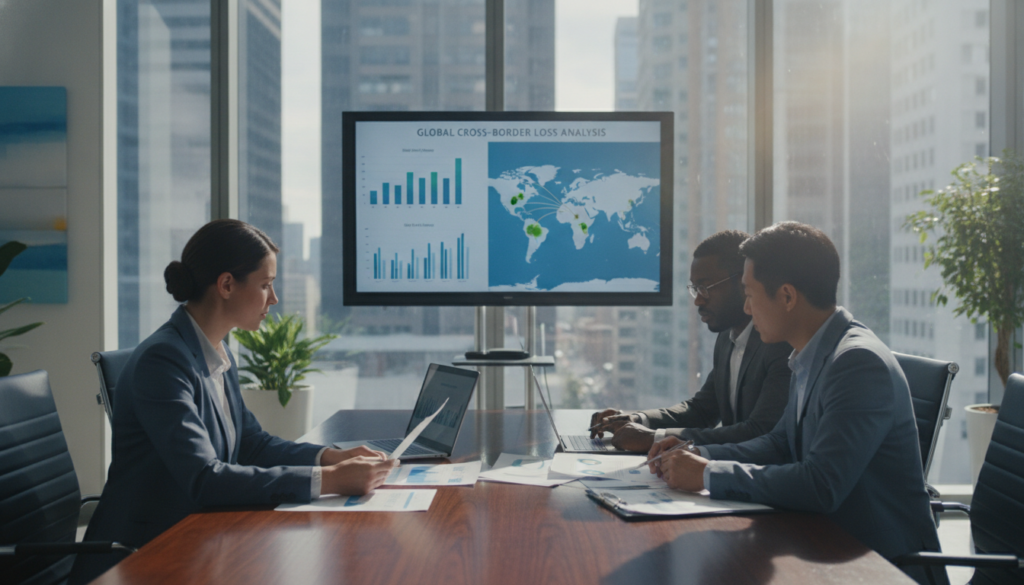 A professional setting depicting a cross-border damage assessment scenario. In the foreground, a diverse group of three professionals, two men and one woman, are seated at a polished conference table, studying detailed reports and documents. They are dressed in smart business attire, showcasing a collaborative atmosphere. In the middle ground, a large screen displays analytical graphs and maps, symbolizing the complexities of cross-border cases. The background features a modern office environment with large windows, allowing natural light to flood in, creating a bright and inviting mood. Soft shadows enhance the depth of the scene, and a slight lens flare from the sunlight adds a dynamic touch. This setting embodies a serious yet hopeful tone, focusing on successful damage evaluations.