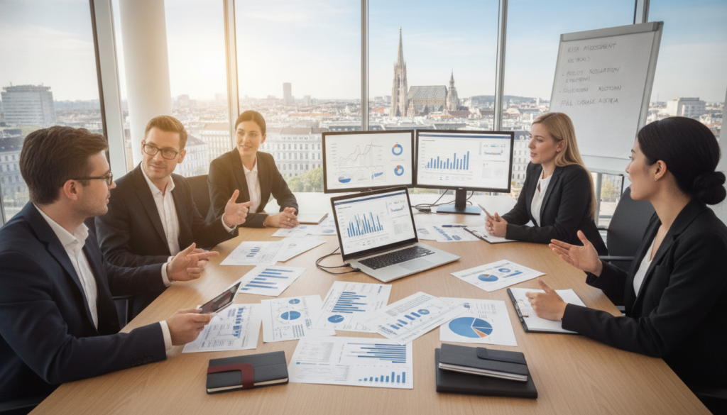 A professional setting depicting a modern office environment focused on technical evaluations for full insurance in Austria. In the foreground, a diverse group of professionals in business attire are engaged in a dynamic discussion, surrounded by sophisticated technical documents and digital devices. The middle ground features a large conference table cluttered with charts, reports, and an open laptop displaying data analytics. The background showcases a glass wall with city views, emphasizing transparency and progress. Soft, natural light pours in, creating an atmosphere of collaboration and innovation. Capture a wide-angle perspective to convey the depth of the workspace while keeping the mood optimistic and forward-thinking.