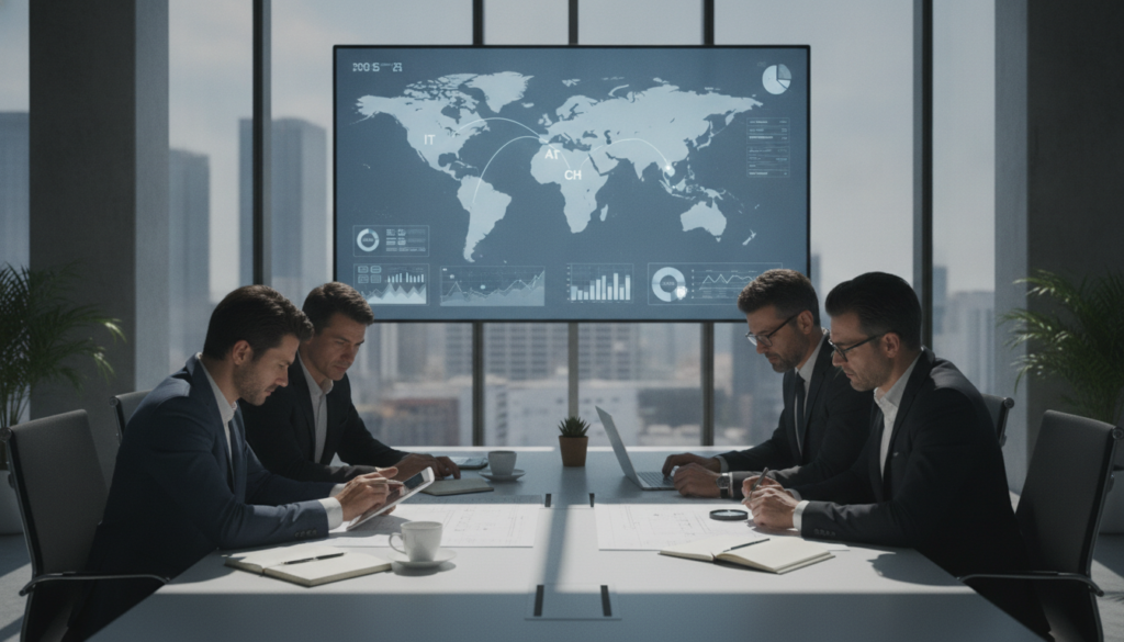 A professional setting depicting a technical examination of full comprehensive insurance damages in an international context. In the foreground, a diverse group of professionals, dressed in business attire, are analyzing detailed technical documents and digital reports. They are surrounded by advanced tools and technology, such as laptops and tablets. In the middle, a large screen displays a map highlighting regions like IT, AT, CH, and PL, showcasing analytical data and international connections. The background features a modern office space with large windows letting in natural light, creating a bright and focused atmosphere. Soft shadows enhance the depth of the scene, adding a sense of seriousness and professionalism to the image. The overall mood is one of diligence and precision, capturing the essence of a methodical technical examination process.