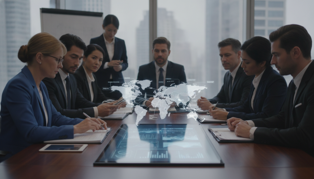A professional setting featuring a diverse group of experts gathered around a modern conference table, engaged in discussion about cross-border legal cases. In the foreground, two individuals in formal business attire – a middle-aged woman with glasses and a younger man with a clipboard – are analyzing documents with focused expressions. The middle section showcases a digital map on a large screen displaying international borders and relevant data points. In the background, soft natural light streams through large windows, illuminating the modern office environment with a sense of clarity and professionalism. The overall mood is collaborative and analytical, emphasizing the seriousness and complexity of cross-border assessment issues.