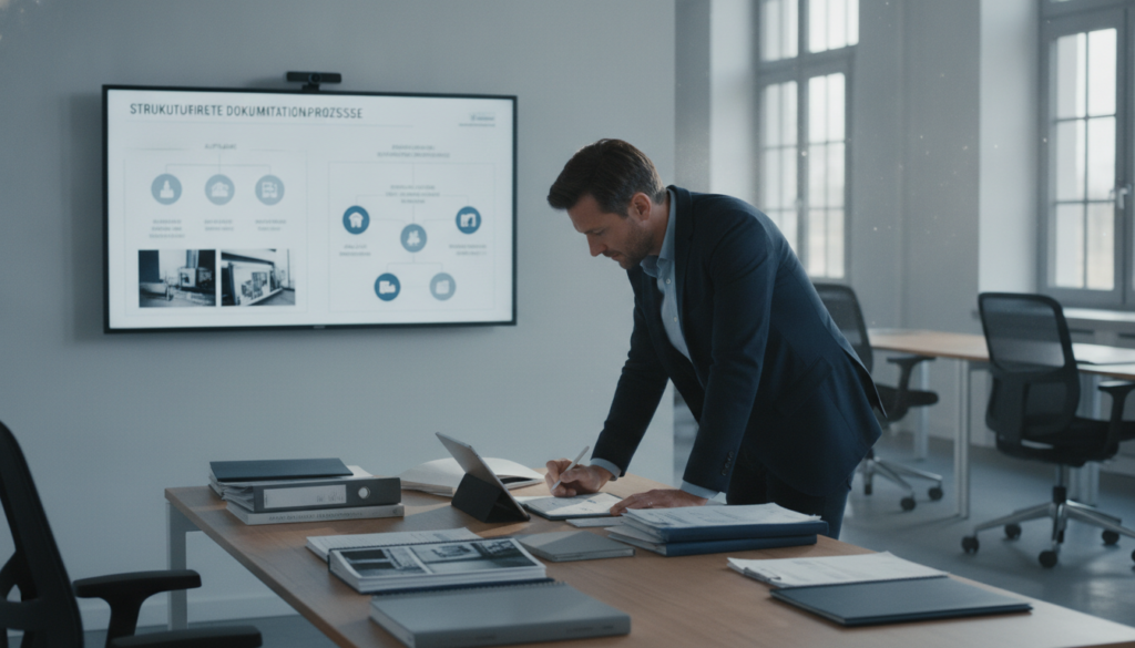 A professional setting focused on "Fotodokumentation und technische Schadenaufnahme." In the foreground, a well-organized desk is covered with technical documentation, digital tablets, and high-resolution images of damage assessments. A person in smart business attire intently reviews the materials, ensuring clarity and thoroughness. In the middle ground, a large wall display features a detailed infographic on structured documentation processes, illuminated by soft, focused lighting. The background includes a sleek office with modern furniture and large windows letting in natural light, creating an atmosphere of professionalism and diligence. The composition conveys focus and meticulous attention to detail, highlighting the importance of clear documentation in technical assessment.