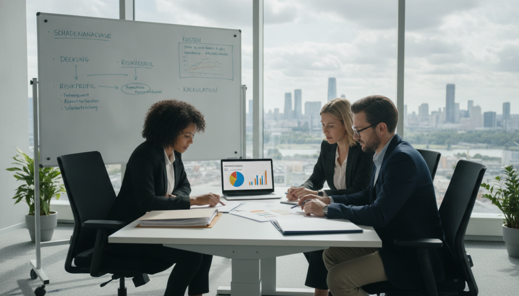 A professional setting for a "Vollkasko Versicherung Bewertung," featuring a business-style meeting. In the foreground, a diverse group of three individuals - two women and one man - are intensely discussing an intricate report on an adjustable table scattered with documents and a laptop displaying graphs on Versicherung analysis. In the middle, a large whiteboard is filled with charts and bullet points about damage assessment, emphasizing clarity and structure. In the background, a modern office with large windows reveals a cityscape, with soft, diffused natural light illuminating the room, creating an analytical but approachable atmosphere. The mood is focused and collaborative, showcasing the importance of expert evaluations in insurance assessments.
