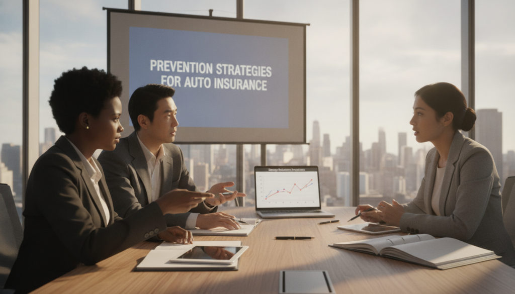A professional setting illustrating "Prevention of comprehensive car insurance damages." In the foreground, depict a corporate office environment with a diverse group of three business professionals discussing a car insurance strategy. They are dressed in formal business attire, showcasing a mix of ethnicities. In the middle ground, include a modern conference table with documents, digital devices, and a laptop displaying relevant data. The background features a large window with a cityscape view, bright natural light illuminating the space. The atmosphere is focused and collaborative, emphasizing teamwork and strategy in preventing car damages. The composition should be well-balanced, with a warm color palette and soft shadows to create a professional yet inviting environment.