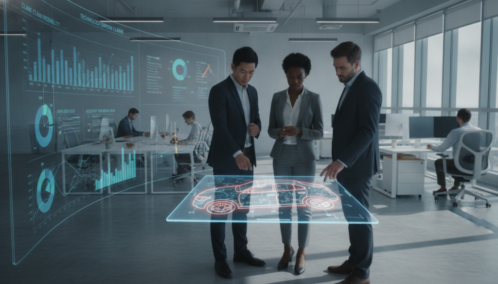 A professional setting showcasing advanced technology for damage assessment in the automotive insurance sector. In the foreground, a diverse group of three consultants in business attire collaborate over a sleek tablet displaying digital diagrams of vehicle damages, their faces focused and engaged. The middle ground features a futuristic digital display board with charts and statistics about insurance claims, seamlessly integrated into the office environment. The background reveals a well-lit office space with modern furnishings, emphasizing a blend of technology and professionalism. Bright, natural light streams through large windows, casting soft shadows. The overall mood conveys expertise, collaboration, and the innovation of technological support in damage assessment processes.