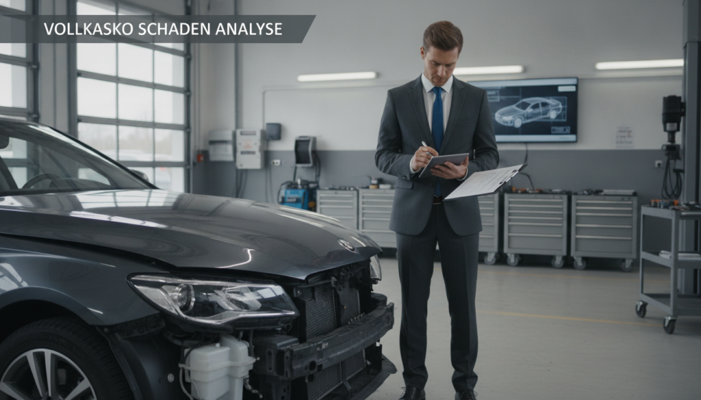 A professional setting showcasing an objective technical assessment of vehicle damage, specifically illustrating a "Vollkaskoschaden." In the foreground, a detailed close-up of a damaged car, with visible dents and scratches, highlighting the impact points. In the middle ground, a technician in professional business attire examines the vehicle, holding a clipboard and taking notes. The background features a clean, well-lit garage environment equipped with tools and automotive equipment, conveying a sense of order and professionalism. The lighting is bright and natural, emphasizing the details of the damage, while the overall atmosphere is analytical and focused, reflecting a meticulous approach to damage evaluation.