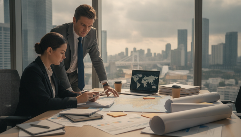 A professional settings scene depicting the evaluation of damages in an international context. Foreground features two professionals in business attire, one examining documents, and the other discussing findings, both focused and serious. The middle ground shows a cluttered conference table filled with maps, laptops, and damage assessment reports. In the background, a large window reveals an iconic international cityscape, hinting at global collaboration. Soft, natural lighting pours through the window, creating a warm ambiance while shadows add depth. The composition captures a sense of urgency and professionalism, reflecting the complexities and challenges faced in assessing damage abroad. The angle is slightly elevated, giving a comprehensive view of the scene, emphasizing teamwork in a dynamic environment.