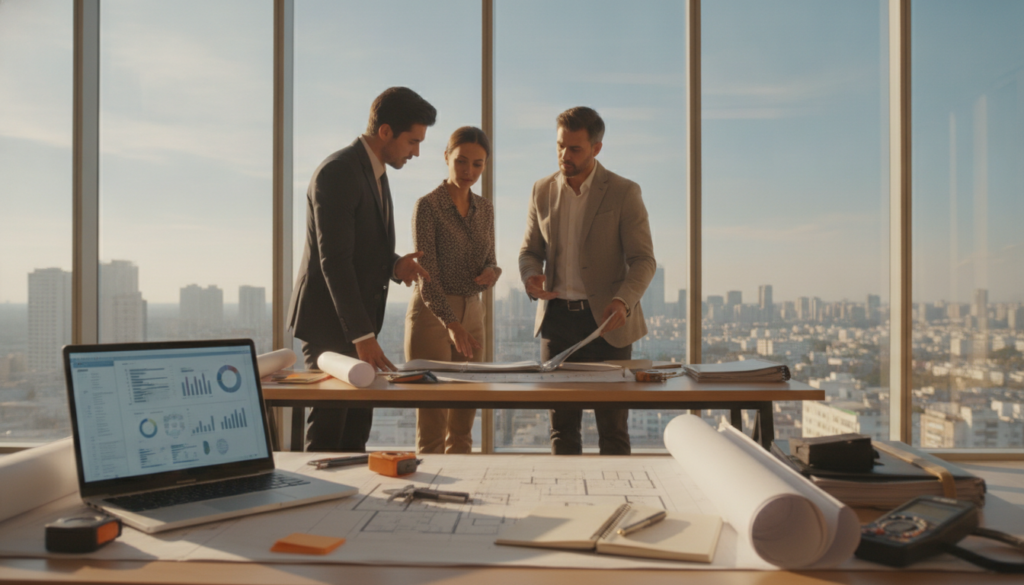 A professional technical examination in a modern office setting, highlighting the meticulous preparation for assessing comprehensive insurance damages. In the foreground, a neatly arranged workspace with blueprints, a laptop displaying data, and technical tools. In the middle ground, a diverse group of three professionals in smart business attire, analyzing documents and discussing strategies, with a focused demeanor. The background features a sleek glass wall, showcasing a cityscape and natural light filtering through, creating an energetic atmosphere. Emphasize clarity and order in the workspace, capturing a mood of diligence and precision in preparation for the technical examination. Use soft, natural lighting for a warm yet professional ambiance.