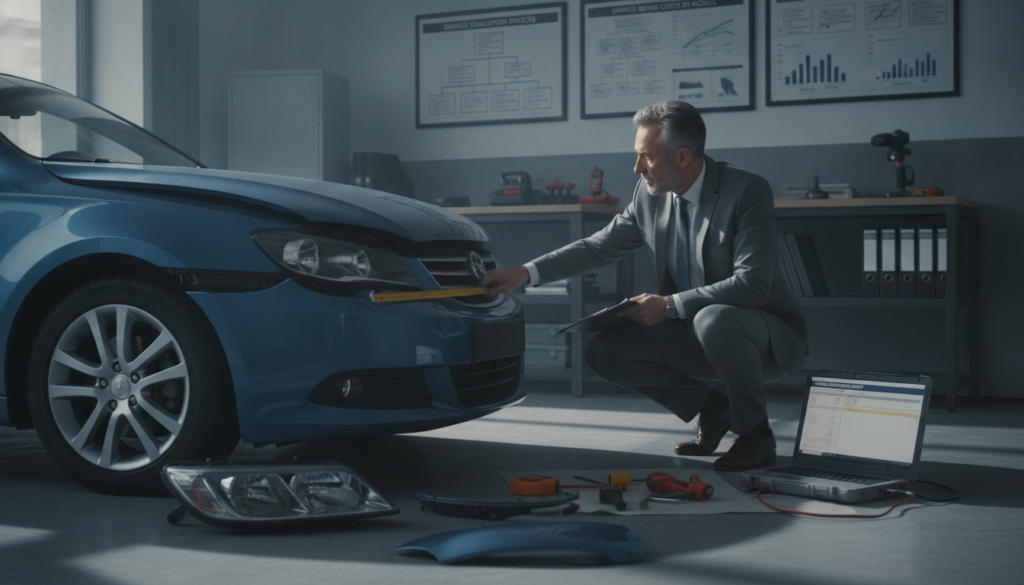 A professional vehicle assessment office scene, featuring an experienced automotive appraiser in business attire, examining a damaged car. In the foreground, the appraiser holds a clipboard and inspects the vehicle with a focused expression. The middle ground includes detailed tools such as a measuring tape, a laptop displaying vehicle data, and vehicle parts laid out for evaluation. The background shows a well-organized office with charts and guidelines on the walls, emphasizing transparency and plausibility. Soft natural light streams in through a window, casting gentle shadows, creating a precise and analytical atmosphere. The overall mood is formal yet engaged, showcasing the meticulous process of vehicle damage assessment and valuation.