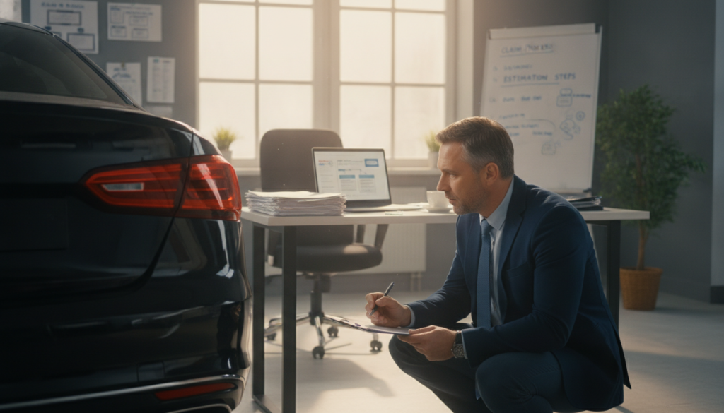 A professional vehicle damage assessor is meticulously examining the details of a car's exterior in a modern office setting. In the foreground, the assessor, a middle-aged Caucasian man, dressed in smart business attire, is closely inspecting the vehicle's rear bumper with a clipboard in hand. In the middle background, a well-organized desk is filled with documents and a laptop displaying insurance charts, contributing to a sense of diligence. Soft, natural lighting flows through a large window, casting a warm glow that enhances the serious atmosphere. The background features a wall-mounted whiteboard with diagrams of insurance processes. The overall mood is focused and professional, reflecting careful documentation and clear communication necessary for dealings with insurance companies.