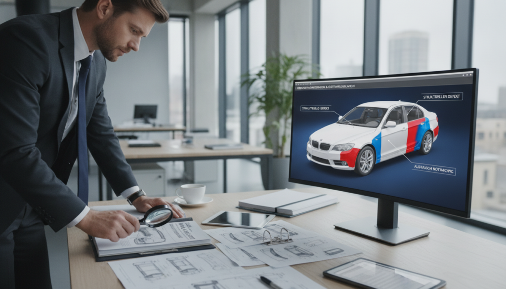 A professional workspace illustrating "Vollkaskoschäden Expertise." In the foreground, a well-dressed insurance expert examines a detailed report on a desk filled with car damage diagrams and technical documents, showcasing their analytical prowess. The middle ground features a large, high-resolution screen displaying a 3D model of a car with highlighted areas of damage and overlaid repair instructions, emphasizing clarity and precision in assessment. In the background, a modern office setting is bathed in soft, natural light streaming through large windows, creating a calm and focused atmosphere. The color palette is neutral with hints of blue and green, conveying professionalism and trust. The composition reflects a mood of expertise and structured analysis, ideal for a technical discussion on the importance of expert evaluations in automotive insurance.