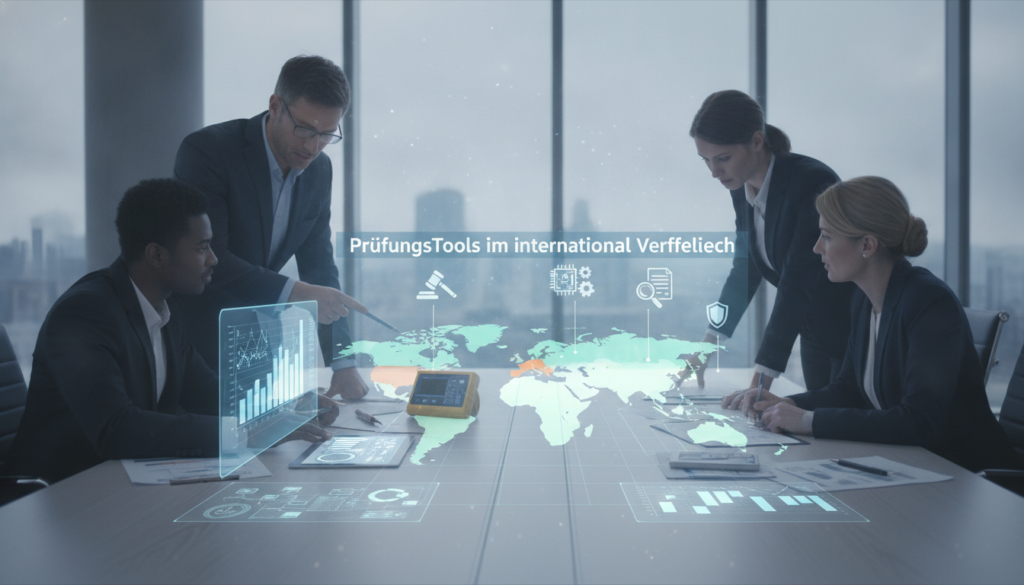 A visually engaging infographic showcasing "Prüfungstools im internationalen Vergleich." In the foreground, display a diverse group of professionals in business attire, analyzing various testing tools like graphs, charts, and electronic equipment on a conference table. The middle ground features a world map with highlighted regions, each representing different countries' regulatory testing tools, depicted with icons symbolizing their unique aspects. In the background, a modern office environment with large windows allowing natural light to filter in, creating a bright, collaborative atmosphere. Capture this scene from a slightly elevated angle to emphasize the teamwork and global perspective. Aim for a professional, informative mood that conveys clarity and structure.