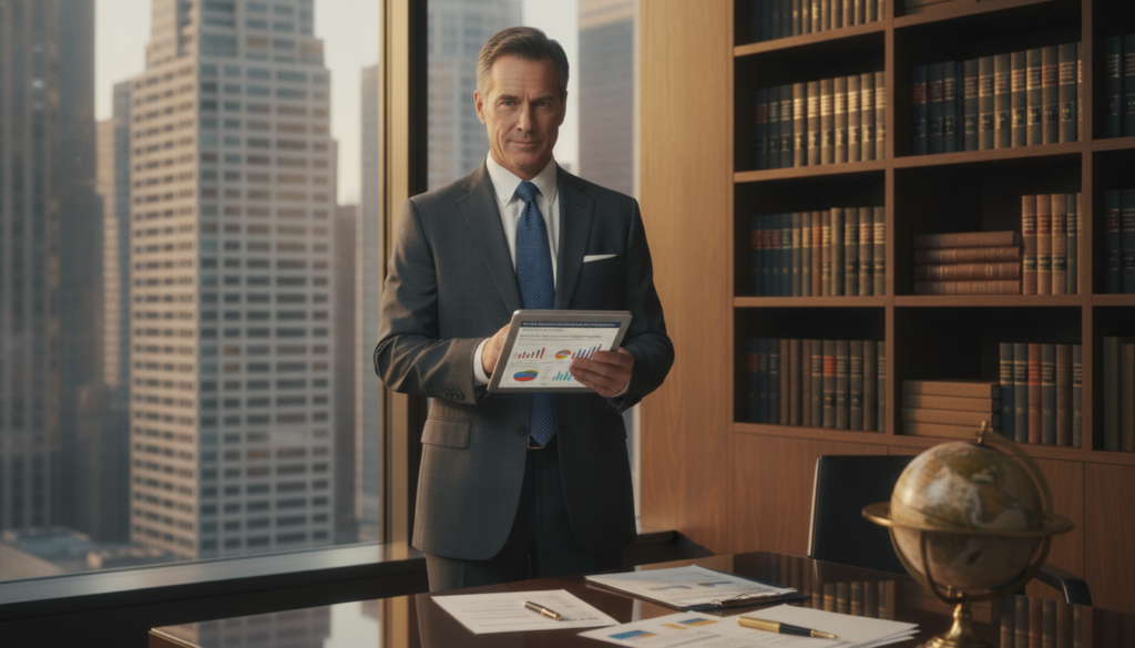 A well-dressed insurance broker, a middle-aged man in a tailored suit, stands confidently in a modern office setting. He holds a tablet displaying a detailed document with graphs and figures about international insurance coverage. In the foreground, there's a polished wooden desk with scattered paperwork and a globe, symbolizing global travel and insurance. In the middle ground, a large window reveals a city skyline, bathed in warm afternoon light, adding a sense of professionalism. The background features a bookshelf filled with law books and insurance manuals. The overall atmosphere is focused and serious, conveying the importance of documentation and the role of the broker in ensuring thoroughness and credibility in international insurance claims. The lighting is soft, highlighting the broker's expression of concentration and dedication to his work. A well-dressed insurance broker, a middle-aged man in a tailored suit, stands confidently in a modern office setting. He holds a tablet displaying a detailed document with graphs and figures about international insurance coverage. In the foreground, there's a polished wooden desk with scattered paperwork and a globe, symbolizing global travel and insurance. In the middle ground, a large window reveals a city skyline, bathed in warm afternoon light, adding a sense of professionalism. The background features a bookshelf filled with law books and insurance manuals. The overall atmosphere is focused and serious, conveying the importance of documentation and the role of the broker in ensuring thoroughness and credibility in international insurance claims. The lighting is soft, highlighting the broker's expression of concentration and dedication to his work.