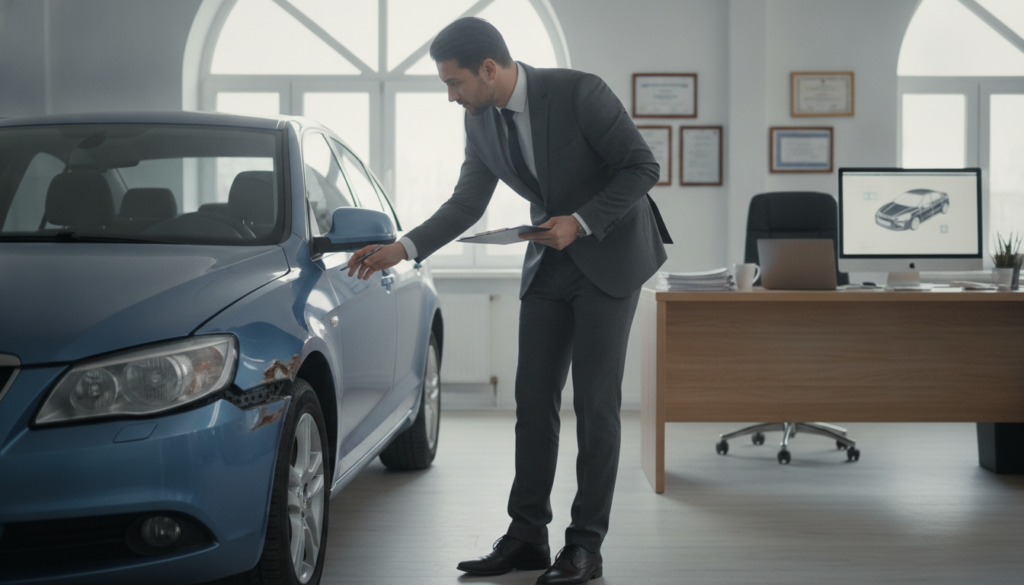 An office setting focusing on the examination of full coverage vehicle damage claims. In the foreground, a professional consultant in business attire is inspecting a damaged car with a clipboard in hand, showing concentrated expression. The middle layer features the vehicle with visible scratches and dents, well-lit to highlight the damage. In the background, a desk with papers, a computer, and a window allowing soft natural light to fill the room, creating a warm atmosphere. The overall mood conveys professionalism and attention to detail, emphasizing effective communication during damage assessment. The image captures a dynamic moment of assessment while ensuring a clean and orderly environment.