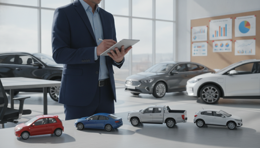 In a modern office setting, a professional evaluator is examining a series of vehicles, showcasing various types from compact cars to SUVs displayed neatly in the foreground. The evaluator, dressed in formal business attire, is taking notes on a digital tablet while inspecting the vehicle conditions, highlighting wear and tear. In the middle ground, multiple vehicles are parked with clear attention to detail in their paint and structure, illuminated by natural light coming through large windows. In the background, charts and graphs related to vehicle assessments are pinned to a corkboard, creating an organized and analytical atmosphere. The mood is focused and professional, conveying the importance of vehicle evaluation in the context of damage assessment.